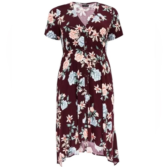 Torrid Burgundy and Pink Floral Challis Midi Shirt Dress Size 1 - Picture 1 of 11